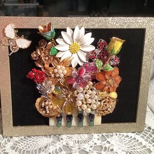 Hand made vintage brooch flower basket framed mantle art wall decor tabletop